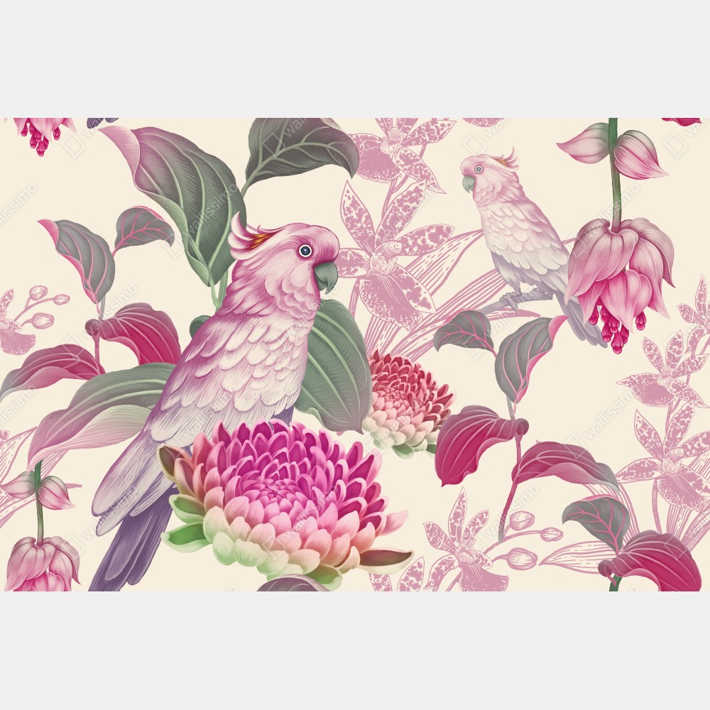 Naklejka na drzwi różowa papuga i chryzantema - botaniczny motyw – Wallissimo® Naklejka na drzwi różowa papuga i chryzantema - botaniczny motyw – Wallissimo®