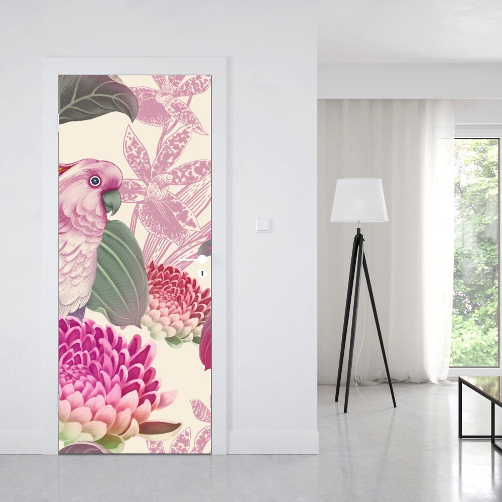 Naklejka na drzwi różowa papuga i chryzantema - botaniczny motyw – Wallissimo® Naklejka na drzwi różowa papuga i chryzantema - botaniczny motyw – Wallissimo®