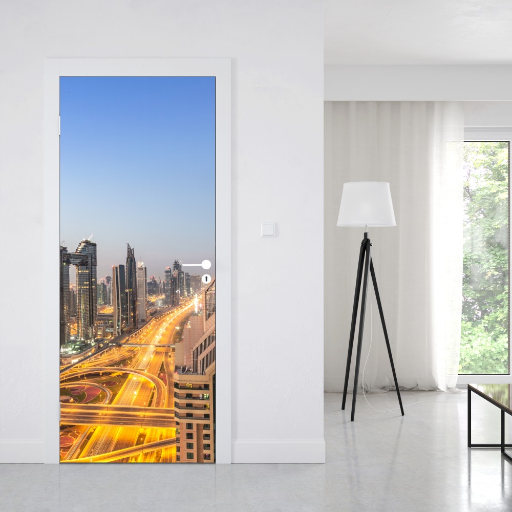 Naklejka na drzwi panorama Dubaju o zmierzchu – Wallissimo® Naklejka na drzwi panorama Dubaju o zmierzchu – Wallissimo®