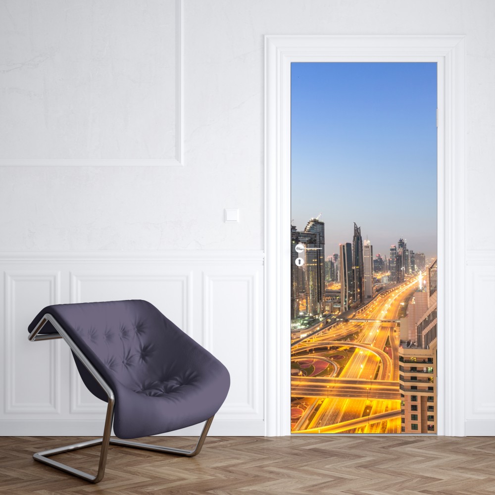 Naklejka na drzwi panorama Dubaju o zmierzchu – Wallissimo® Naklejka na drzwi panorama Dubaju o zmierzchu – Wallissimo®