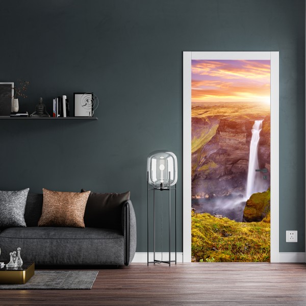 Naklejka na drzwi Haifoss wodospad o zachodzie słońca – Wallissimo® Naklejka na drzwi Haifoss wodospad o zachodzie słońca – Wallissimo®