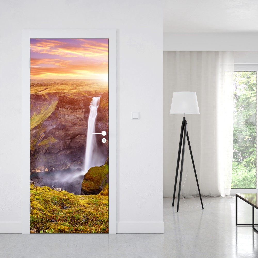 Naklejka na drzwi Haifoss wodospad o zachodzie słońca – Wallissimo® Naklejka na drzwi Haifoss wodospad o zachodzie słońca – Wallissimo®