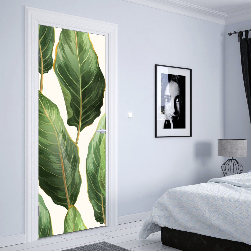 Naklejka na drzwi tropikalny wzór z liśćmi bananowca – Wallissimo® Naklejka na drzwi tropikalny wzór z liśćmi bananowca – Wallissimo®