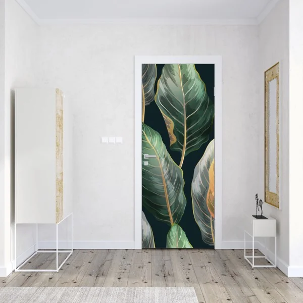 Naklejka na drzwi vintage tropikalny wzór z liśćmi – Wallissimo® Naklejka na drzwi vintage tropikalny wzór z liśćmi – Wallissimo®