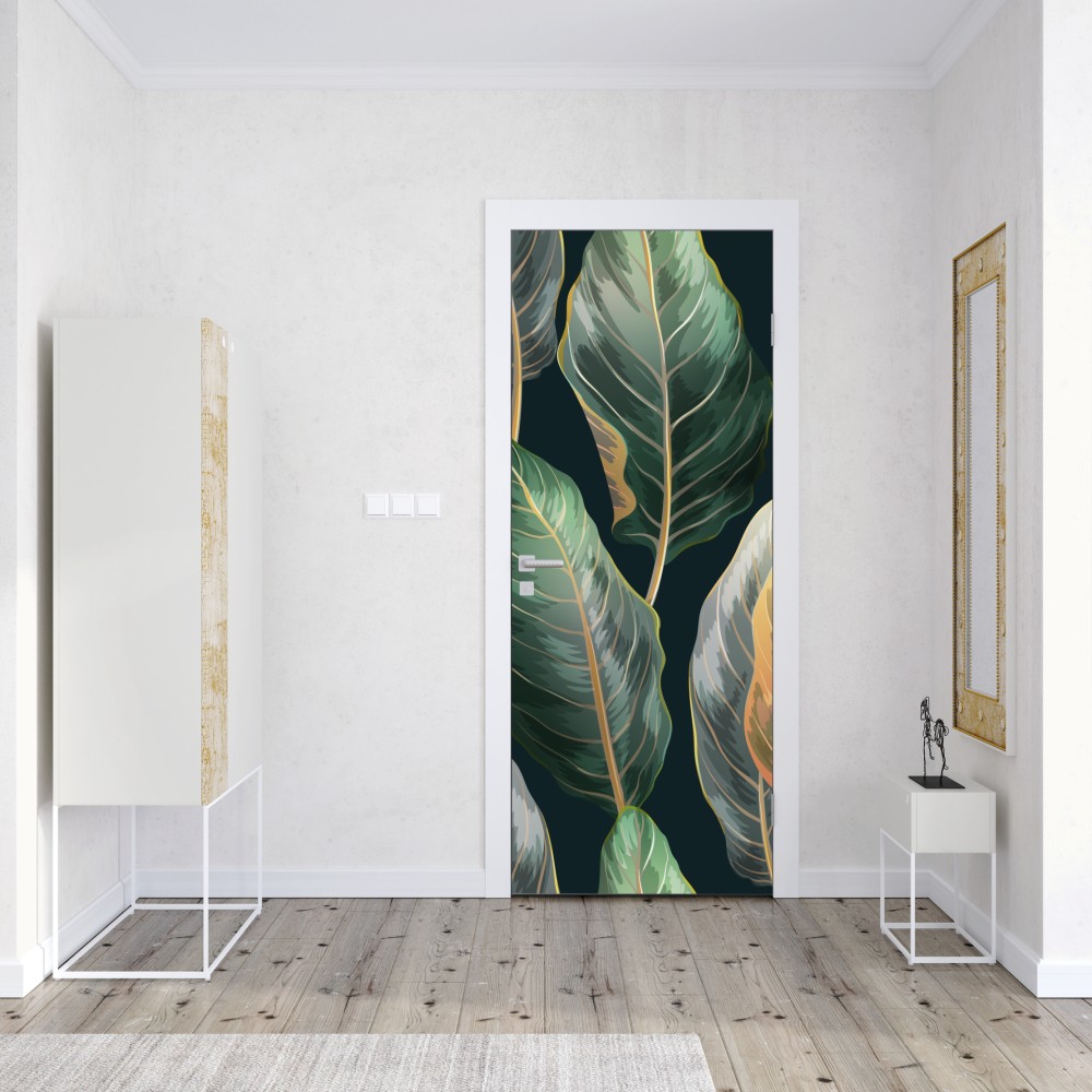 Naklejka na drzwi vintage tropikalny wzór z liśćmi – Wallissimo® Naklejka na drzwi vintage tropikalny wzór z liśćmi – Wallissimo®