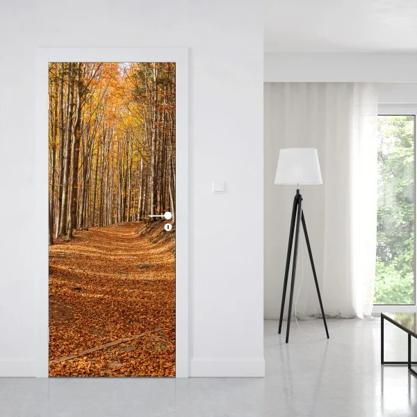 Naklejka na drzwi jesienna ścieżka leśna w złotych liściach – Wallissimo® Naklejka na drzwi jesienna ścieżka leśna w złotych liściach – Wallissimo®