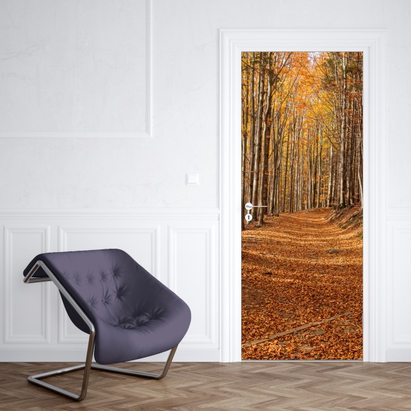 Naklejka na drzwi jesienna ścieżka leśna w złotych liściach – Wallissimo® Naklejka na drzwi jesienna ścieżka leśna w złotych liściach – Wallissimo®
