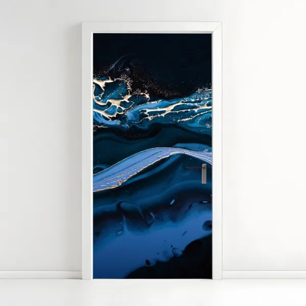 Naklejka na drzwi wzór damaskowy w odcieniach złota i granatu – Wallissimo®