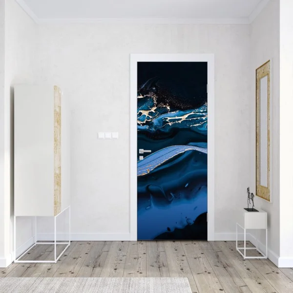 Naklejka na drzwi wzór damaskowy w odcieniach złota i granatu – Wallissimo®