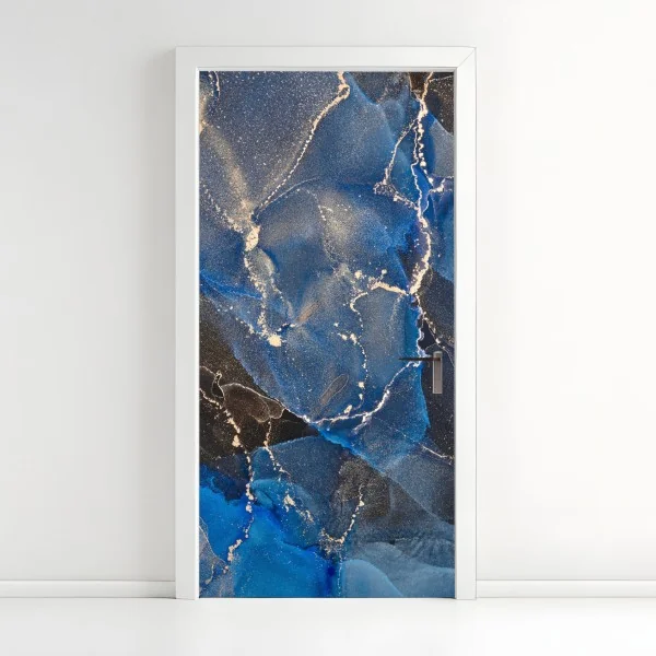 Naklejka na drzwi luksusowe niebiesko-złote abstrakcyjne fale