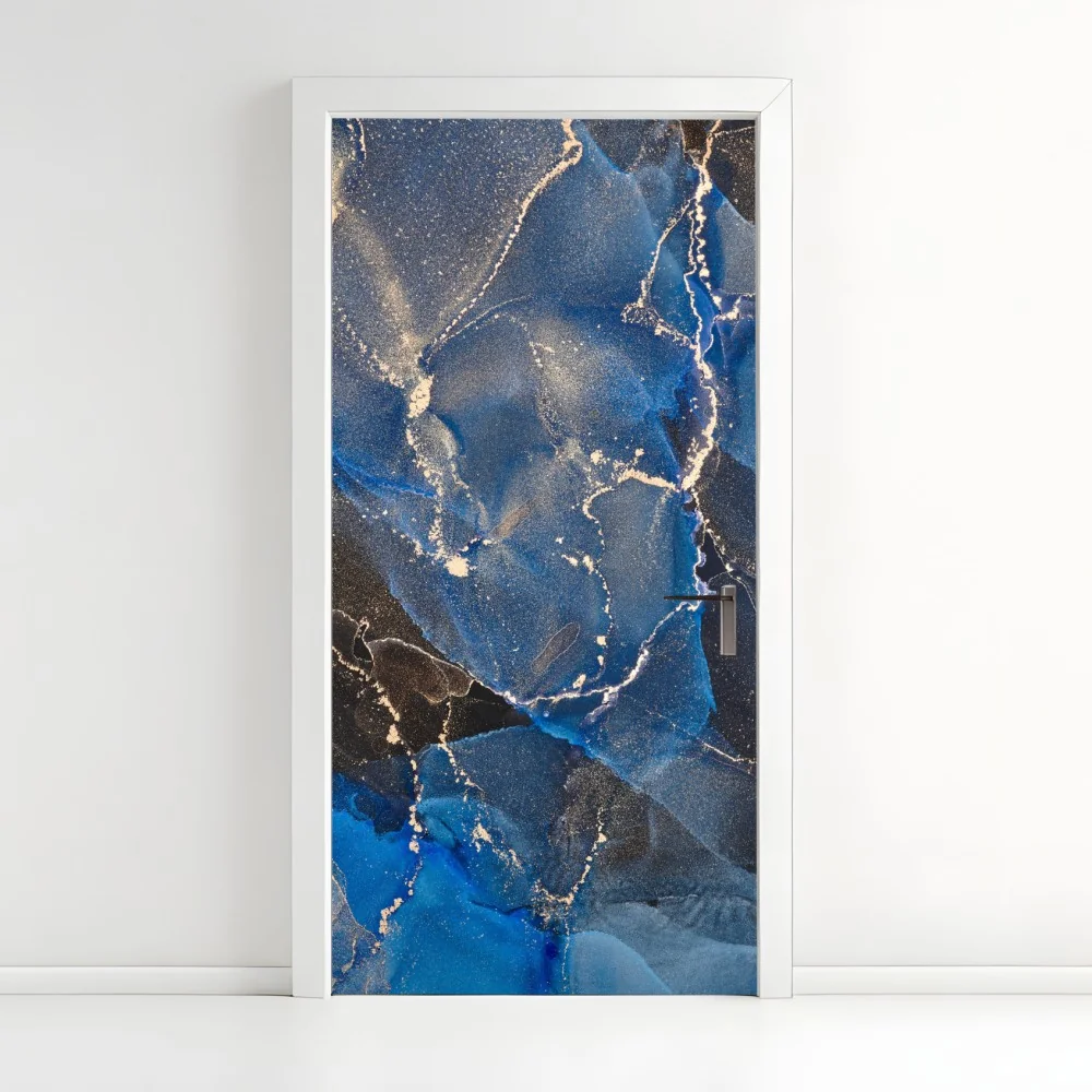 Naklejka na drzwi luksusowe niebiesko-złote abstrakcyjne fale – Wallissimo® Naklejka na drzwi luksusowe niebiesko-złote abstrakcyjne fale – Wallissimo®