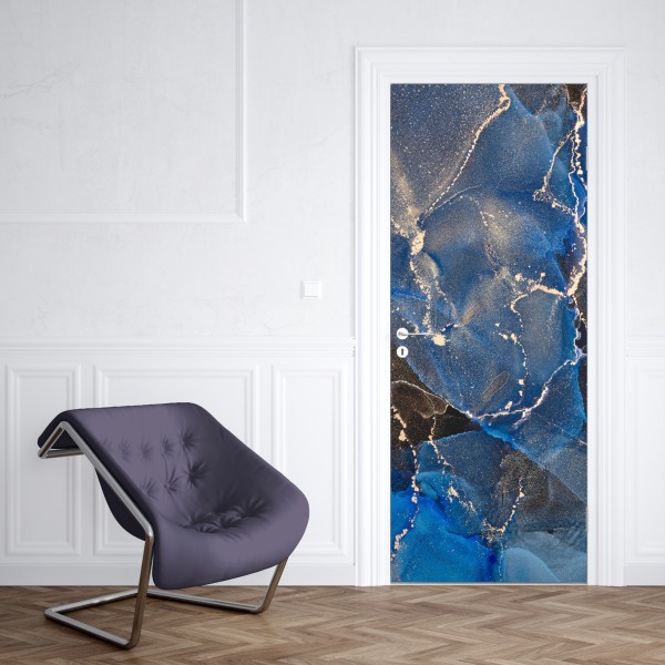 Naklejka na drzwi luksusowe niebiesko-złote abstrakcyjne fale – Wallissimo® Naklejka na drzwi luksusowe niebiesko-złote abstrakcyjne fale – Wallissimo®