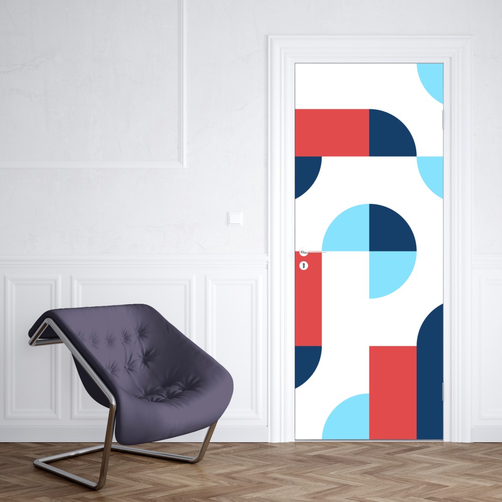 Naklejka na drzwi odważny geometryczny wzór w granacie i koralu – Wallissimo® Naklejka na drzwi odważny geometryczny wzór w granacie i koralu – Wallissimo®