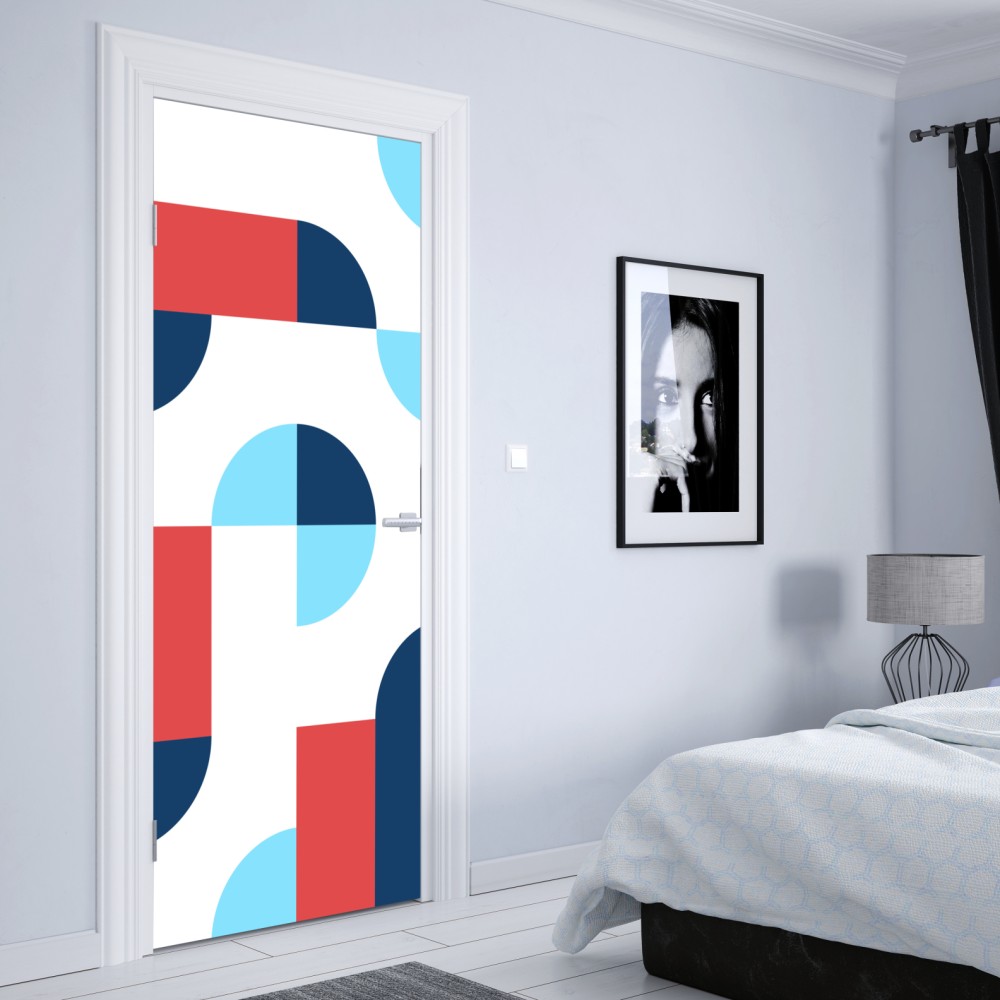 Naklejka na drzwi odważny geometryczny wzór w granacie i koralu – Wallissimo® Naklejka na drzwi odważny geometryczny wzór w granacie i koralu – Wallissimo®