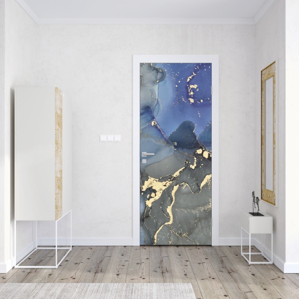 Naklejka na drzwi luksusowa niebiesko-złota abstrakcja fluidalna – Wallissimo® Naklejka na drzwi luksusowa niebiesko-złota abstrakcja fluidalna – Wallissimo®