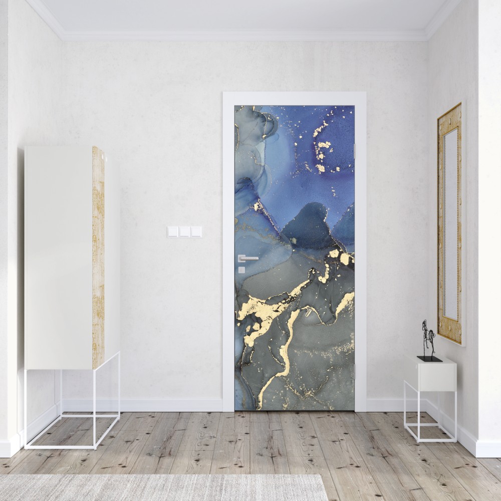 Naklejka na drzwi luksusowa niebiesko-złota abstrakcja fluidalna – Wallissimo® Naklejka na drzwi luksusowa niebiesko-złota abstrakcja fluidalna – Wallissimo®