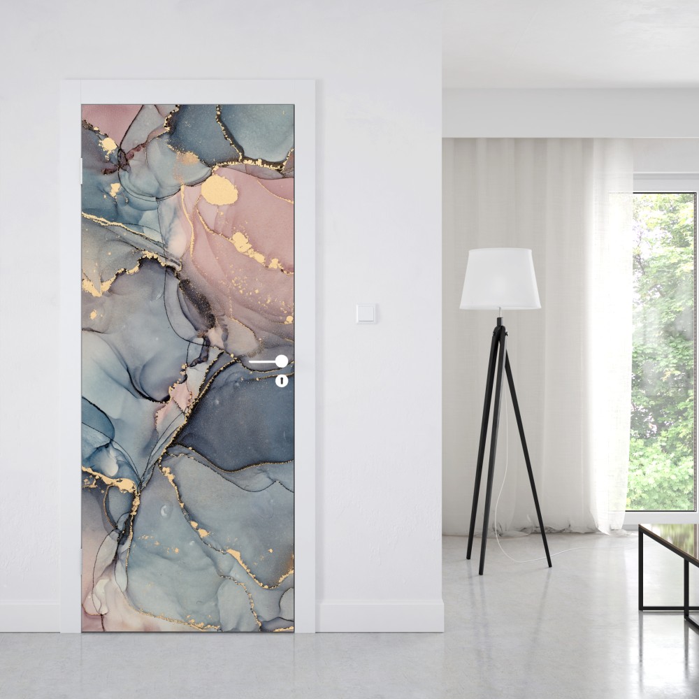 Naklejka na drzwi delikatne pastelowe płynne marmury ze złotymi żyłkami – Wallissimo® Naklejka na drzwi delikatne pastelowe płynne marmury ze złotymi żyłkami – Wallissimo®