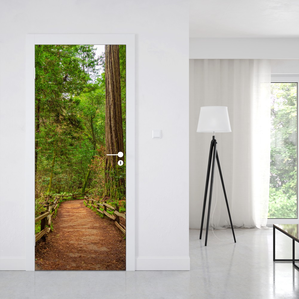 Naklejka na drzwi majestatyczna ścieżka w lesie sekwoi – Wallissimo® Naklejka na drzwi majestatyczna ścieżka w lesie sekwoi – Wallissimo®