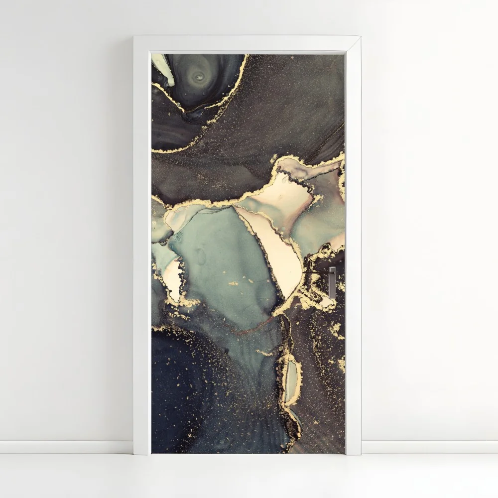 Naklejka na drzwi turkusowo-złota abstrakcja w technice alcohol ink – Wallissimo® Naklejka na drzwi turkusowo-złota abstrakcja w technice alcohol ink – Wallissimo®