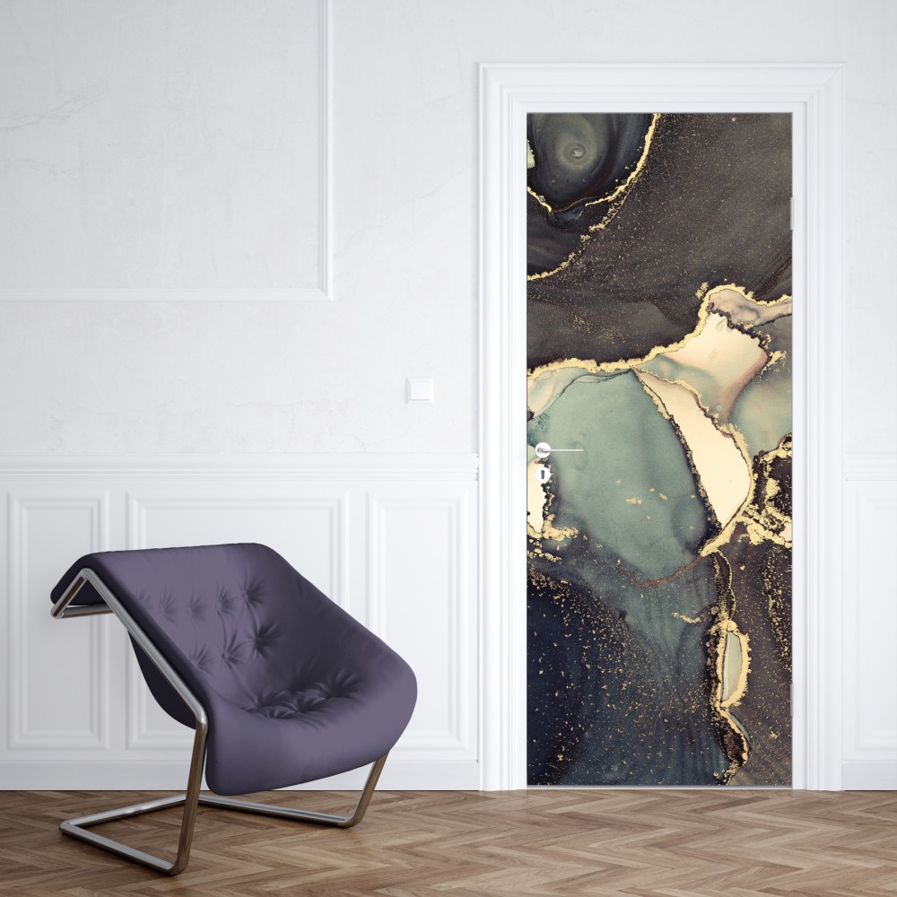 Naklejka na drzwi turkusowo-złota abstrakcja w technice alcohol ink – Wallissimo® Naklejka na drzwi turkusowo-złota abstrakcja w technice alcohol ink – Wallissimo®