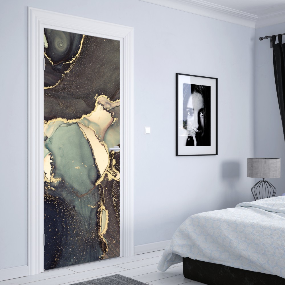 Naklejka na drzwi turkusowo-złota abstrakcja w technice alcohol ink – Wallissimo® Naklejka na drzwi turkusowo-złota abstrakcja w technice alcohol ink – Wallissimo®