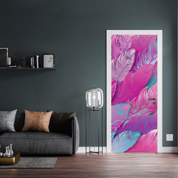 Naklejka na drzwi iryzujący różowy wzór piór – Wallissimo® Naklejka na drzwi iryzujący różowy wzór piór – Wallissimo®