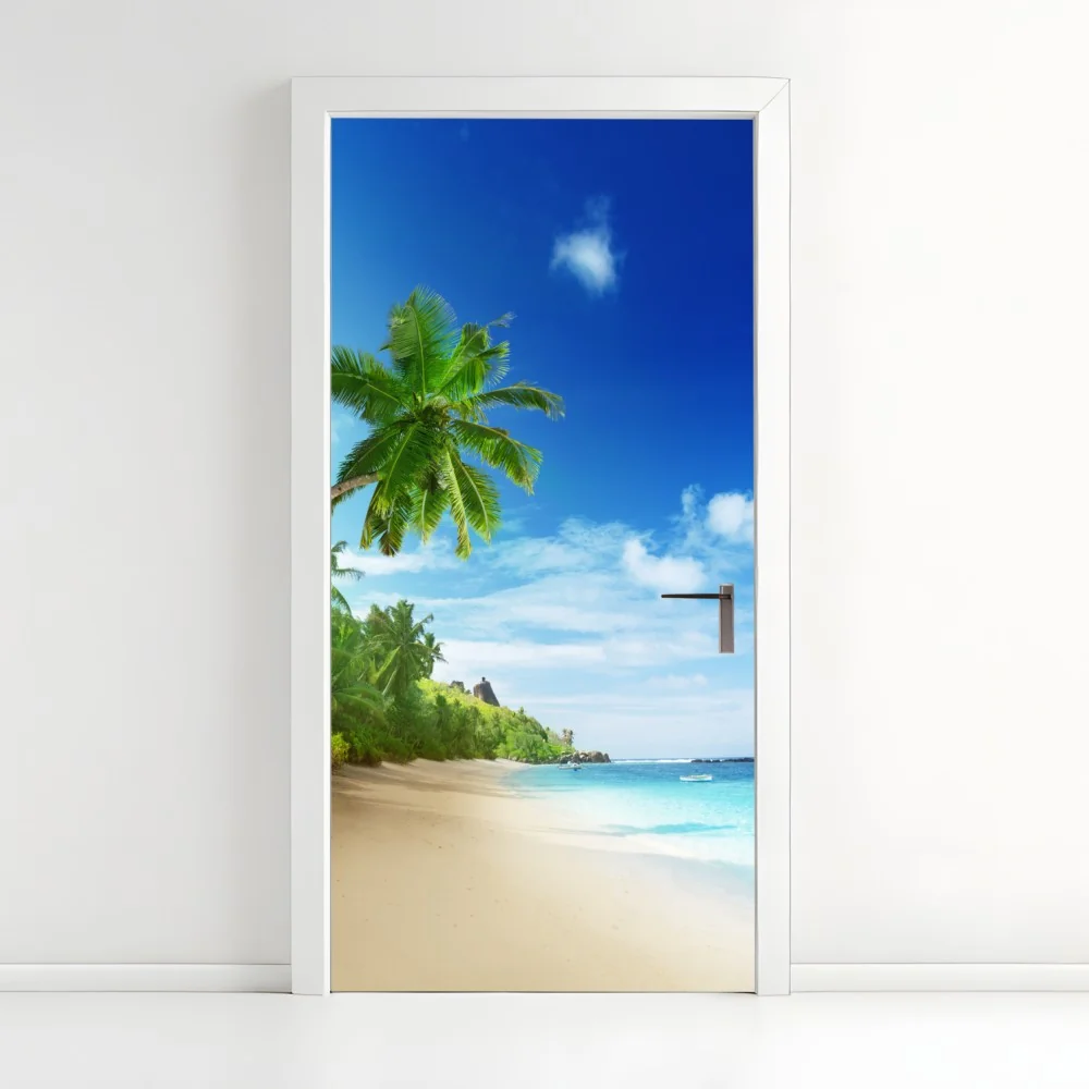 Naklejka na drzwi zachód słońca na plaży Mahe, Seszele – Wallissimo® Naklejka na drzwi zachód słońca na plaży Mahe, Seszele – Wallissimo®