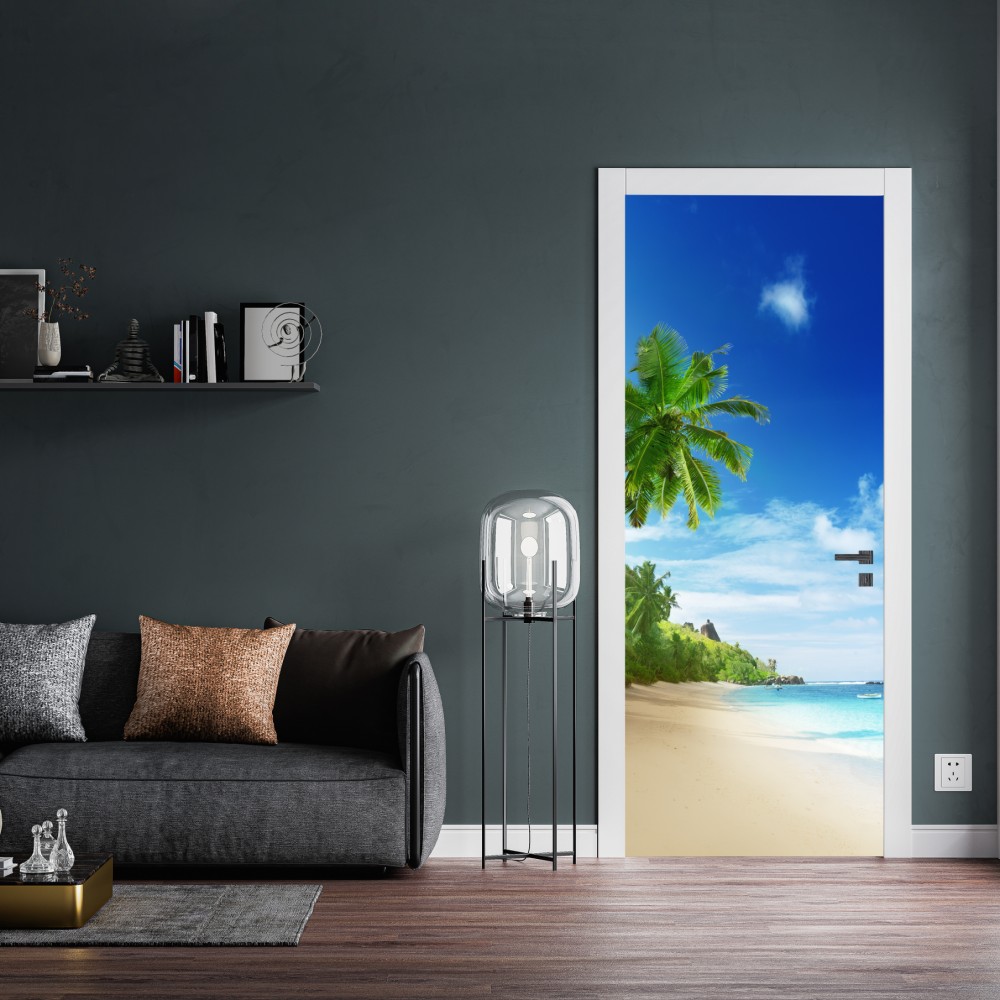 Naklejka na drzwi zachód słońca na plaży Mahe, Seszele – Wallissimo® Naklejka na drzwi zachód słońca na plaży Mahe, Seszele – Wallissimo®