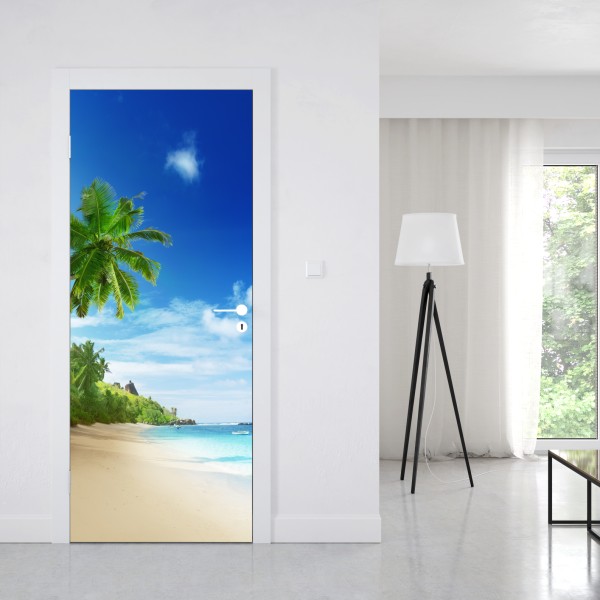 Naklejka na drzwi zachód słońca na plaży Mahe, Seszele – Wallissimo® Naklejka na drzwi zachód słońca na plaży Mahe, Seszele – Wallissimo®