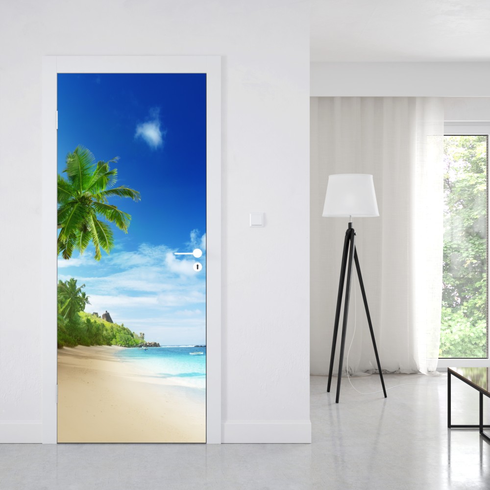 Naklejka na drzwi zachód słońca na plaży Mahe, Seszele – Wallissimo® Naklejka na drzwi zachód słońca na plaży Mahe, Seszele – Wallissimo®