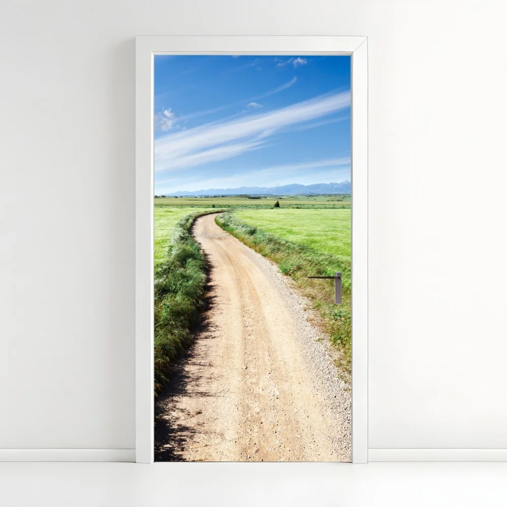 Naklejka na drzwi wijąca się wiejska droga przez zielone łąki – Wallissimo® Naklejka na drzwi wijąca się wiejska droga przez zielone łąki – Wallissimo®