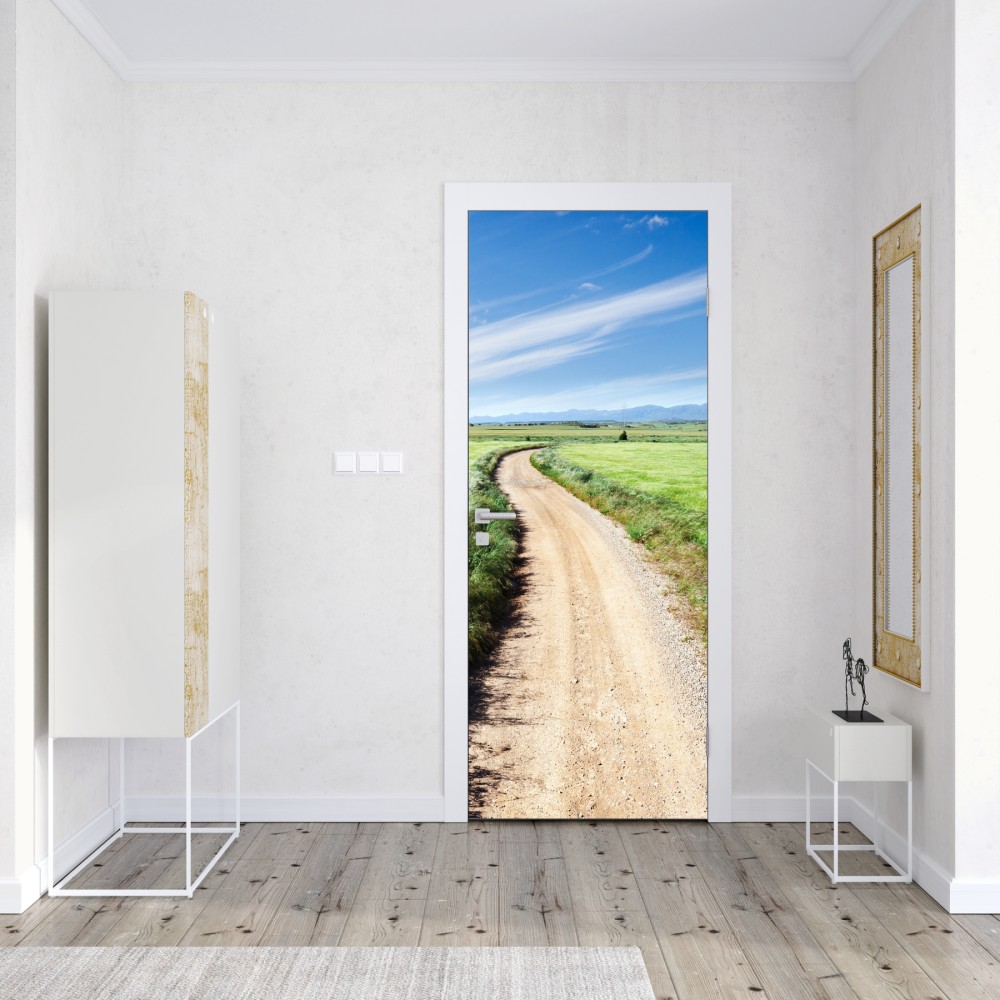 Naklejka na drzwi wijąca się wiejska droga przez zielone łąki – Wallissimo® Naklejka na drzwi wijąca się wiejska droga przez zielone łąki – Wallissimo®