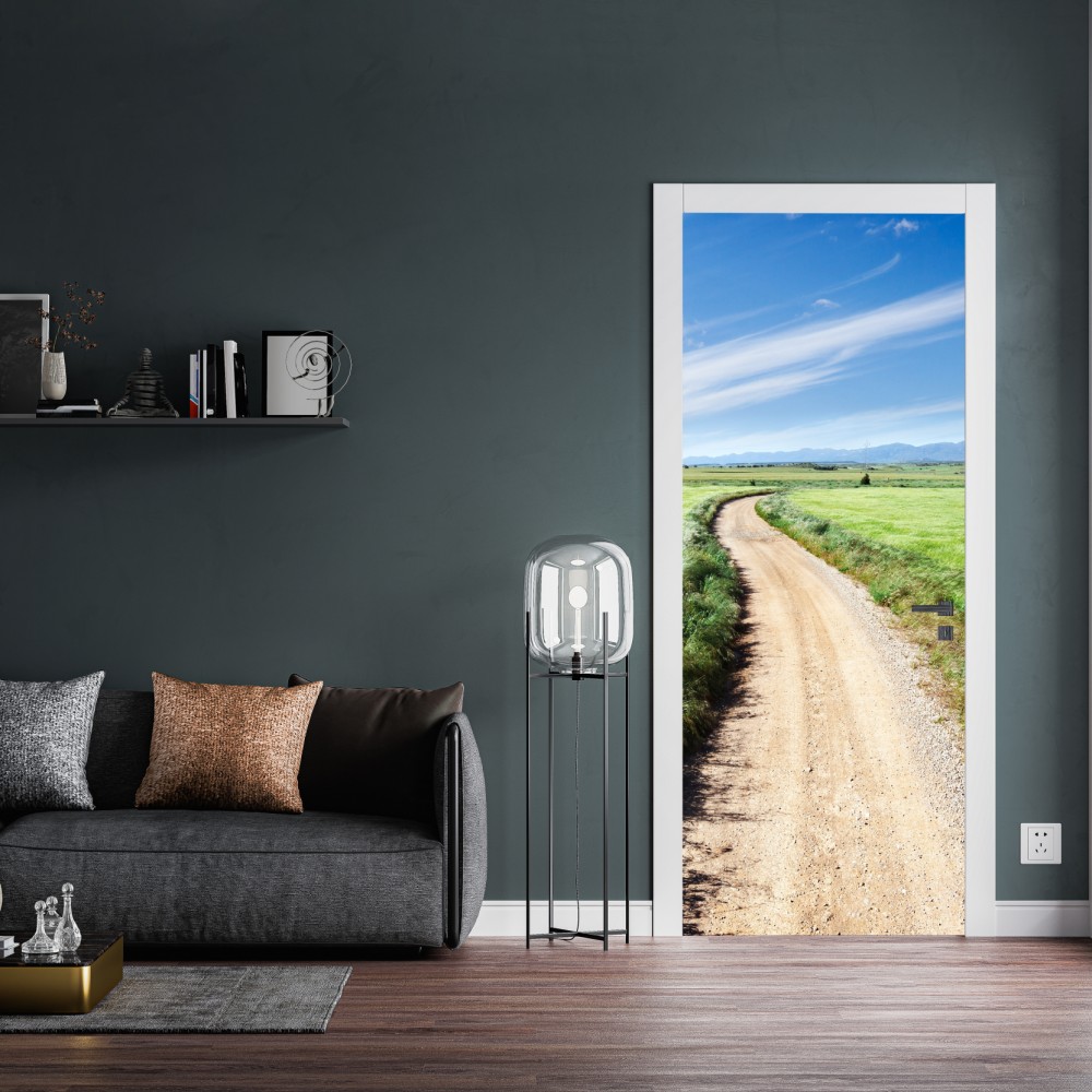 Naklejka na drzwi wijąca się wiejska droga przez zielone łąki – Wallissimo® Naklejka na drzwi wijąca się wiejska droga przez zielone łąki – Wallissimo®