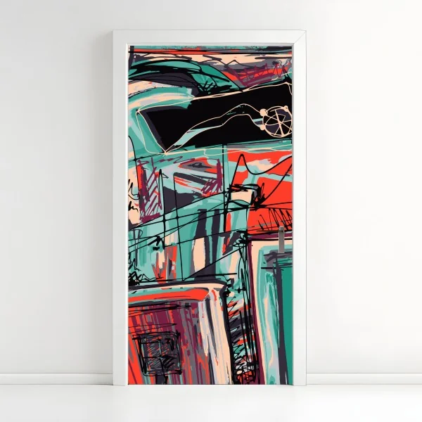 Naklejka na drzwi turkusowo-koralowa abstrakcyjna kompozycja