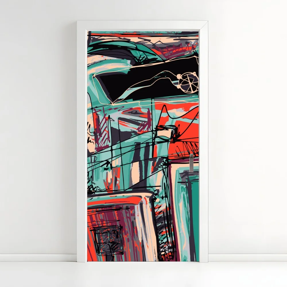 Naklejka na drzwi turkusowo-koralowa abstrakcyjna kompozycja – Wallissimo® Naklejka na drzwi turkusowo-koralowa abstrakcyjna kompozycja – Wallissimo®