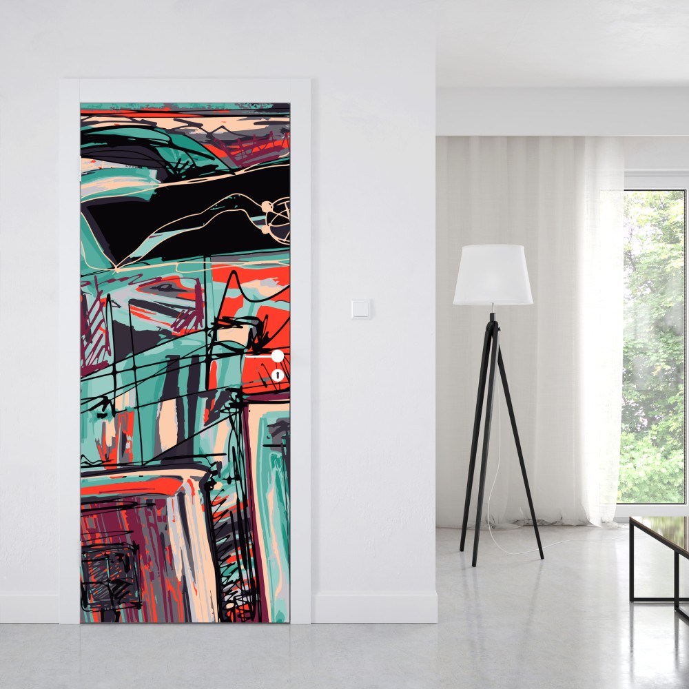 Naklejka na drzwi turkusowo-koralowa abstrakcyjna kompozycja – Wallissimo® Naklejka na drzwi turkusowo-koralowa abstrakcyjna kompozycja – Wallissimo®