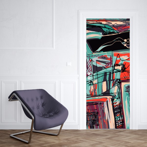 Naklejka na drzwi turkusowo-koralowa abstrakcyjna kompozycja – Wallissimo® Naklejka na drzwi turkusowo-koralowa abstrakcyjna kompozycja – Wallissimo®