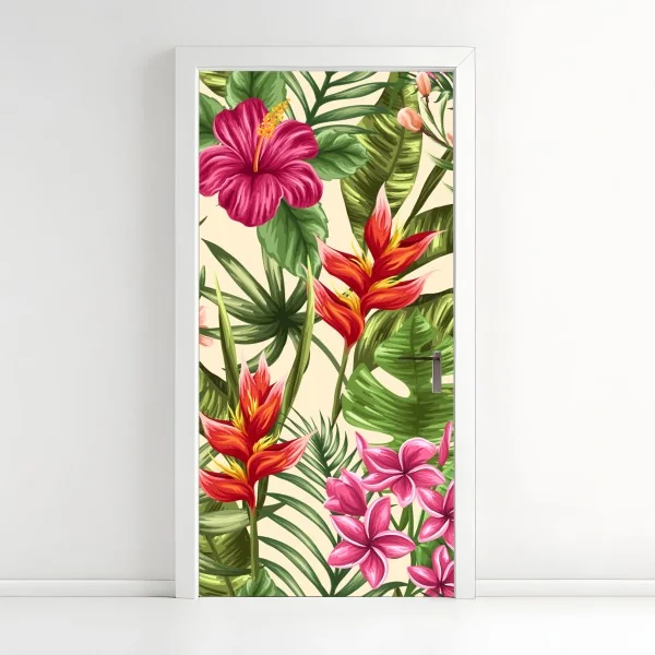 Naklejka na drzwi tropikalny wzór kwiatowy z hibiskusem i plumerią