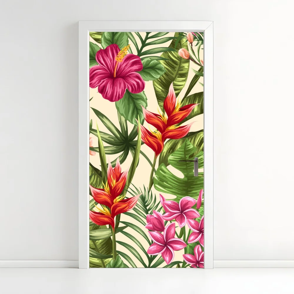 Naklejka na drzwi tropikalny wzór kwiatowy z hibiskusem i plumerią – Wallissimo® Naklejka na drzwi tropikalny wzór kwiatowy z hibiskusem i plumerią – Wallissimo®