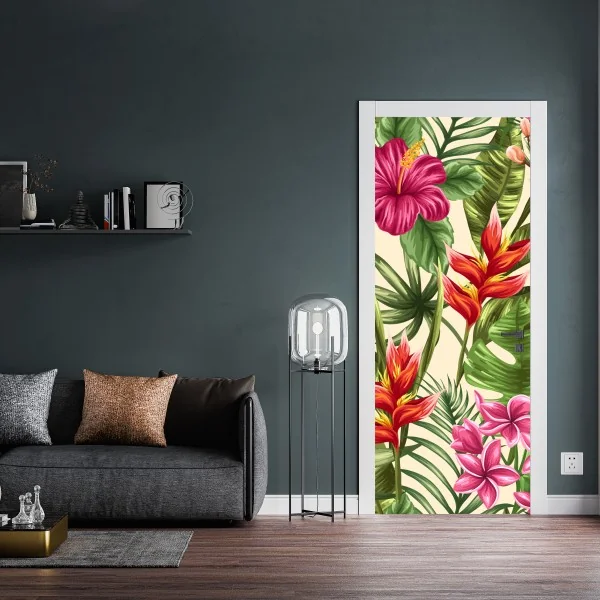 Naklejka na drzwi tropikalny wzór kwiatowy z hibiskusem i plumerią – Wallissimo® Naklejka na drzwi tropikalny wzór kwiatowy z hibiskusem i plumerią – Wallissimo®