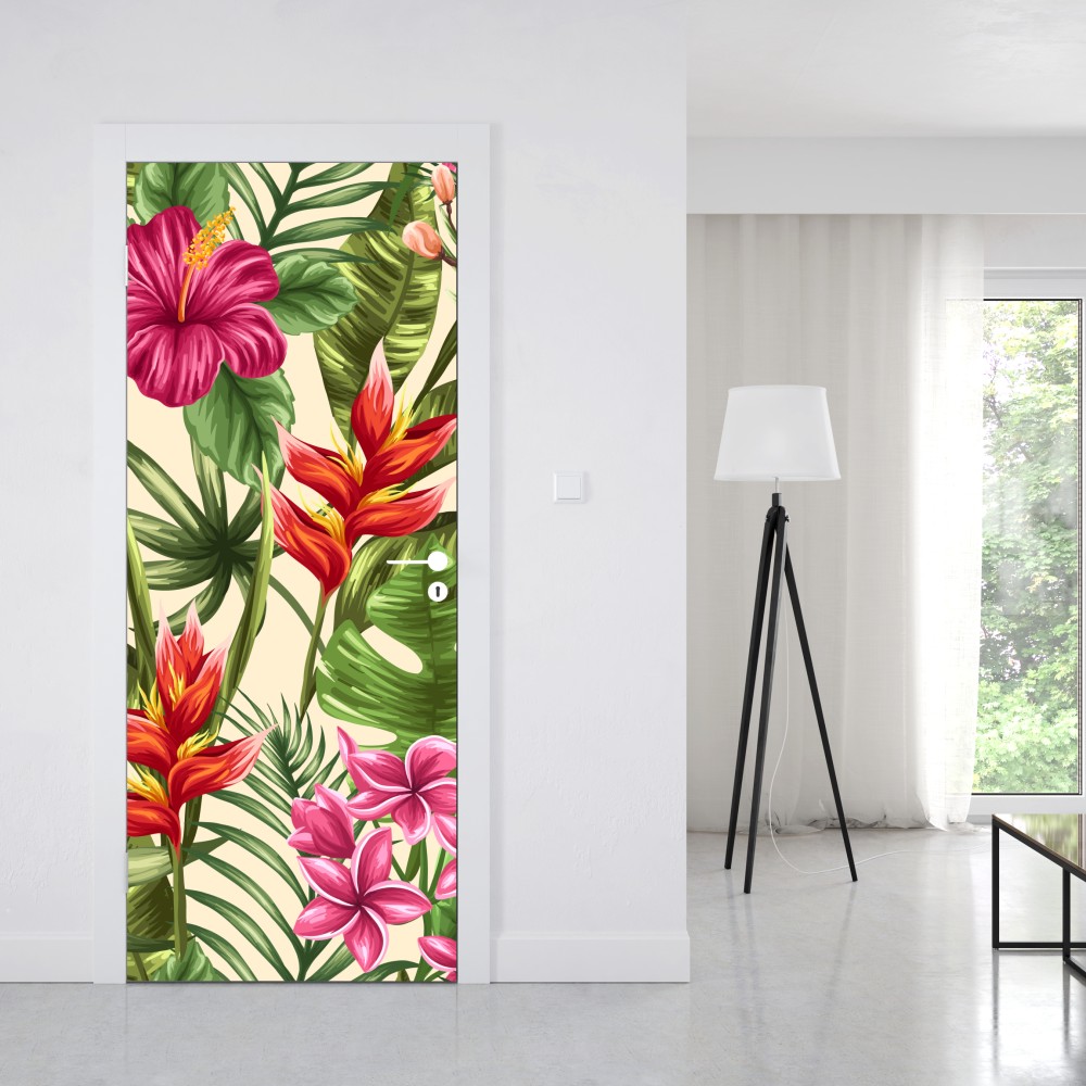 Naklejka na drzwi tropikalny wzór kwiatowy z hibiskusem i plumerią – Wallissimo® Naklejka na drzwi tropikalny wzór kwiatowy z hibiskusem i plumerią – Wallissimo®