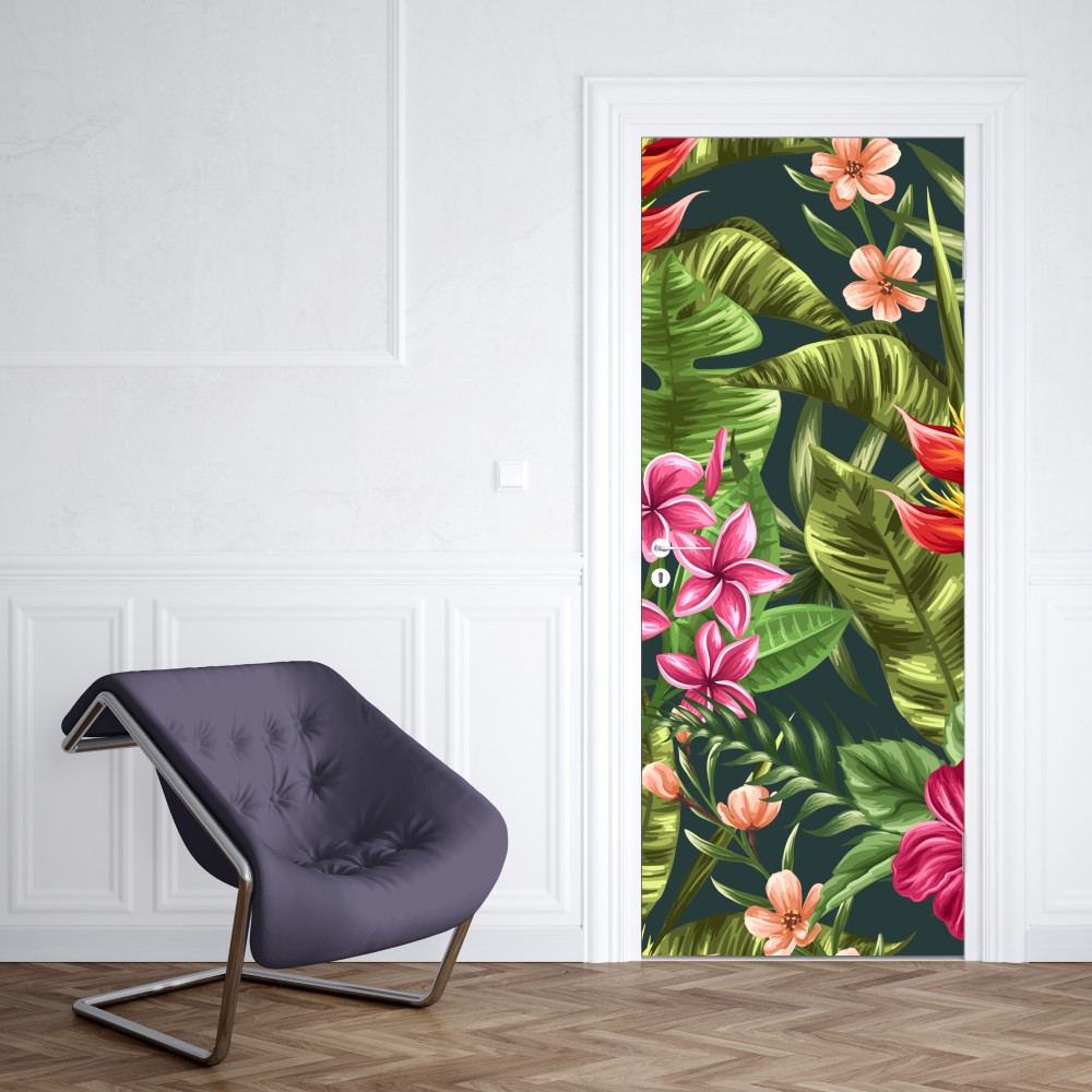 Naklejka na drzwi tropikalny wzór hibiskusa i plumerii – Wallissimo® Naklejka na drzwi tropikalny wzór hibiskusa i plumerii – Wallissimo®