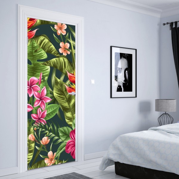 Naklejka na drzwi tropikalny wzór hibiskusa i plumerii – Wallissimo® Naklejka na drzwi tropikalny wzór hibiskusa i plumerii – Wallissimo®