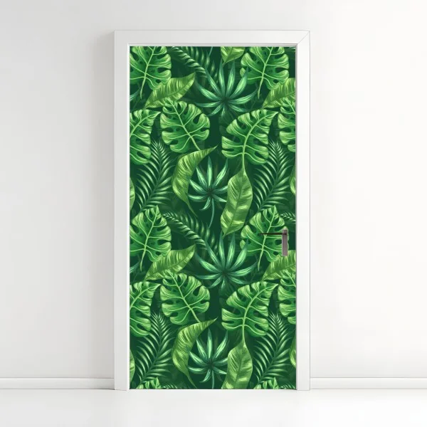 Naklejka na drzwi tropikalny wzór z liśćmi monstery