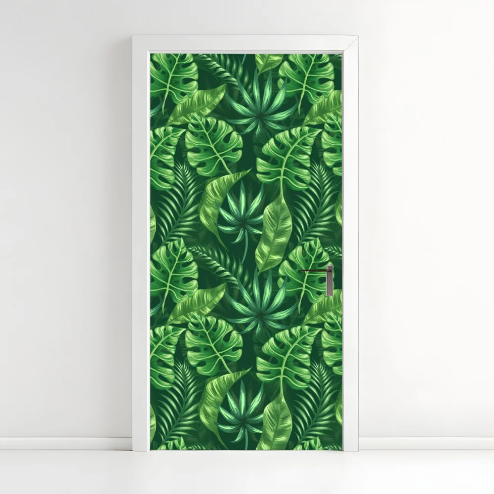 Naklejka na drzwi tropikalny wzór z liśćmi monstery – Wallissimo® Naklejka na drzwi tropikalny wzór z liśćmi monstery – Wallissimo®