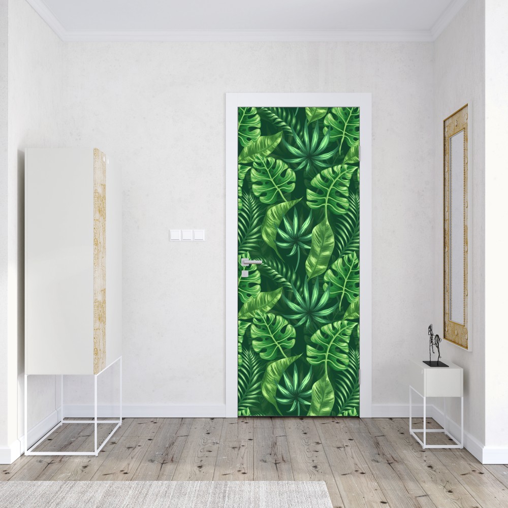 Naklejka na drzwi tropikalny wzór z liśćmi monstery – Wallissimo® Naklejka na drzwi tropikalny wzór z liśćmi monstery – Wallissimo®
