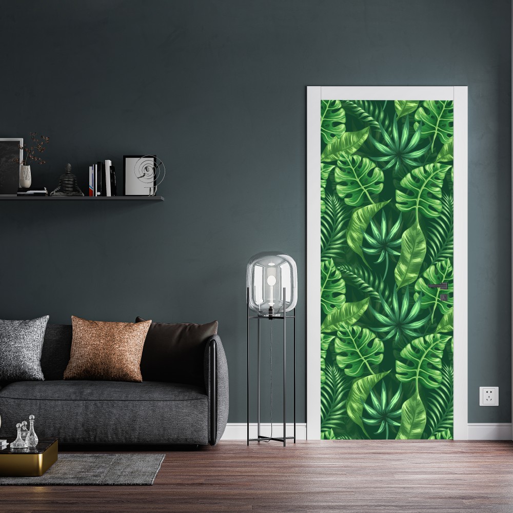 Naklejka na drzwi tropikalny wzór z liśćmi monstery – Wallissimo® Naklejka na drzwi tropikalny wzór z liśćmi monstery – Wallissimo®