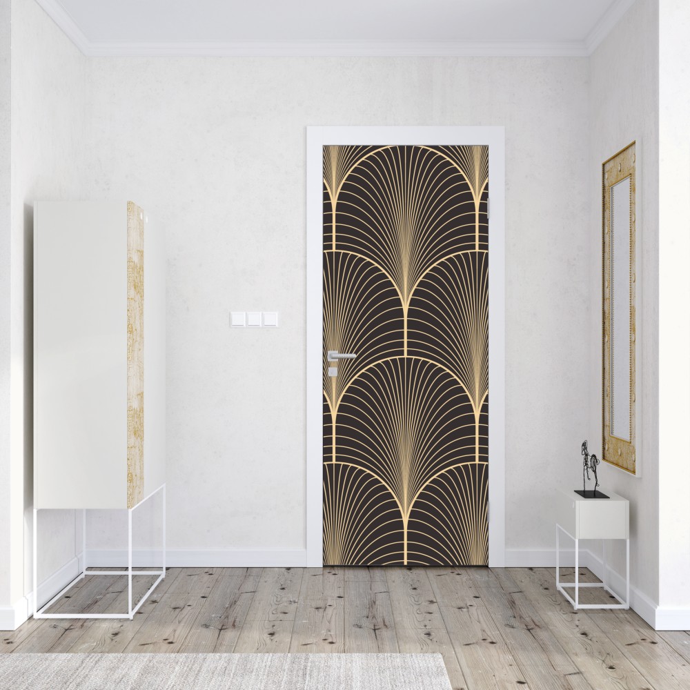 Naklejka na drzwi art deco złoty wzór wachlarza – Wallissimo® Naklejka na drzwi art deco złoty wzór wachlarza – Wallissimo®