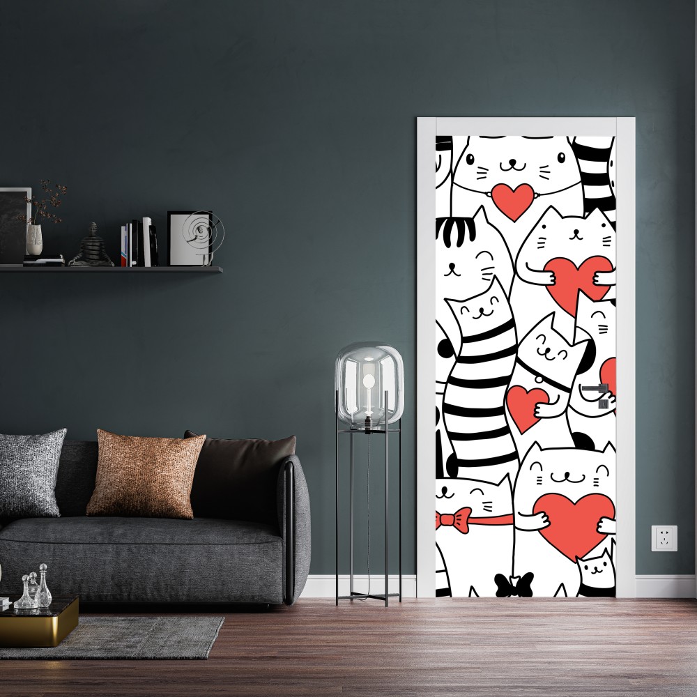 Naklejka na drzwi urocze koty z sercami wzór – Wallissimo® Naklejka na drzwi urocze koty z sercami wzór – Wallissimo®