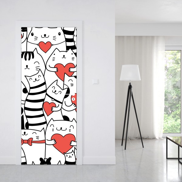 Naklejka na drzwi urocze koty z sercami wzór – Wallissimo® Naklejka na drzwi urocze koty z sercami wzór – Wallissimo®